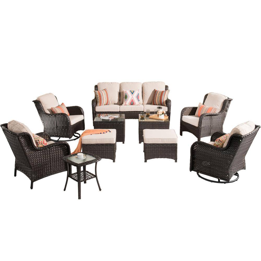 XIZZI Maroon Lake Brown 10-Piece Wicker Patio Conversation Seating Sofa Set with Beige Cushions and Swivel Rocking Chairs