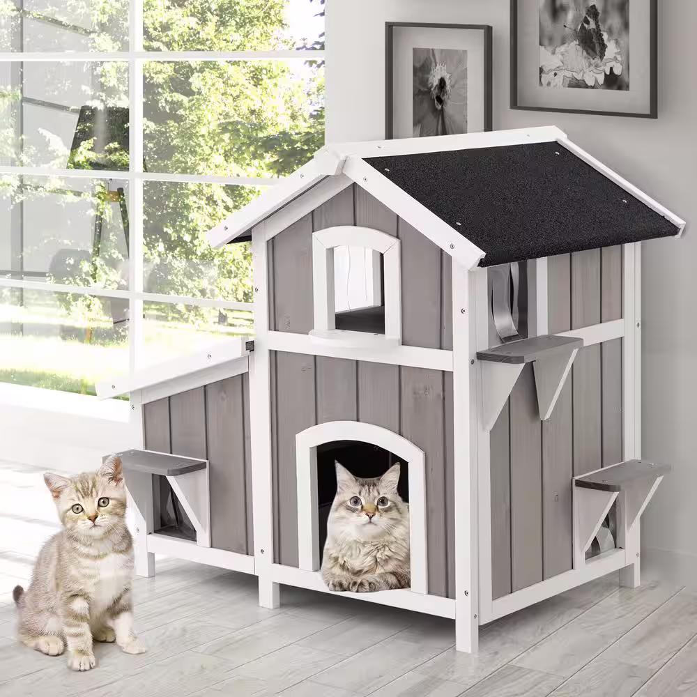 ANGELES HOME Outdoor White and Gray Wooden 2-Lever Cat House with Escape Door, Waterproof Roof