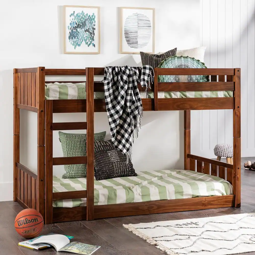 Welwick Designs Walnut Solid Wood Modern Twin Bunk Bed with Integrated Ladder