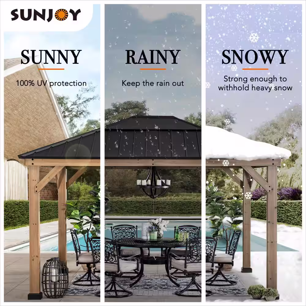 Sunjoy Mavis 13 ft. x 11 ft. Cedar Framed Gazebo with Black Steel and Polycarbonate Hip Roof Hardtop