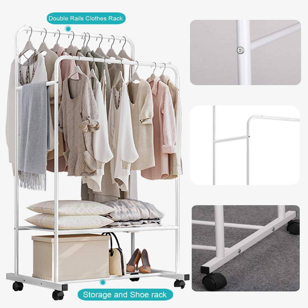 None White Metal Garment Clothes Rack Double Rods 31.5 in. W x 63 in. H