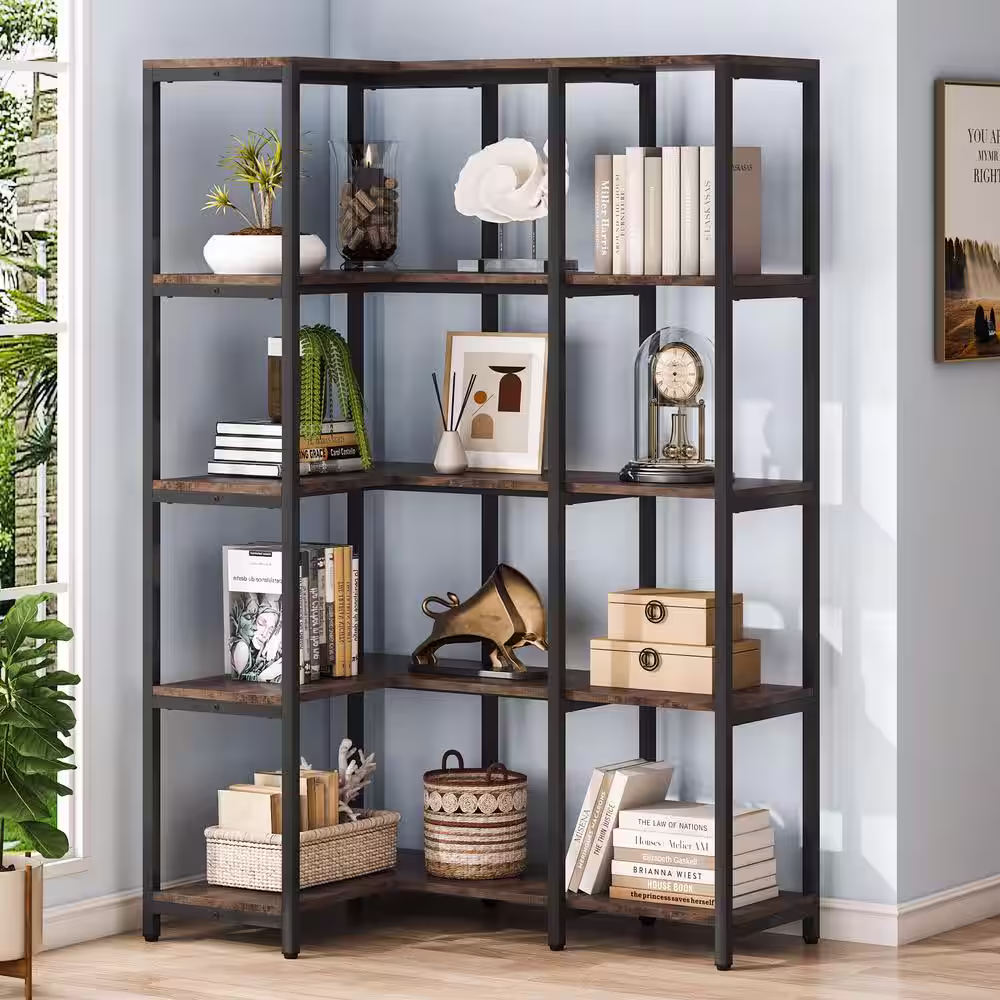 BYBLIGHT Eulas 40.5 in. W Rustic Brown 5-Shelf L-shaped Corner Bookcase with Open Storage