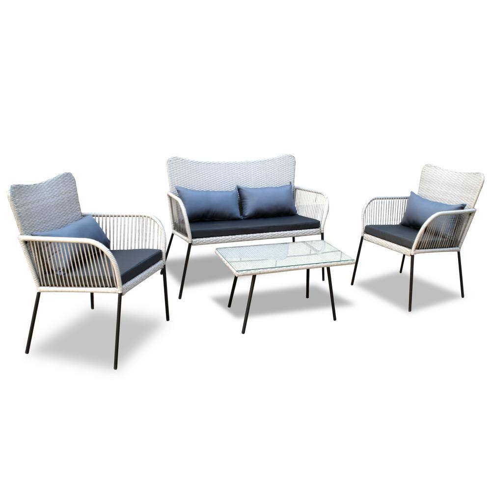 SereneLife 3-Piece Metal Frame Rectangle Table Outdoor Dining Set with Soft Light Gray Cushion
