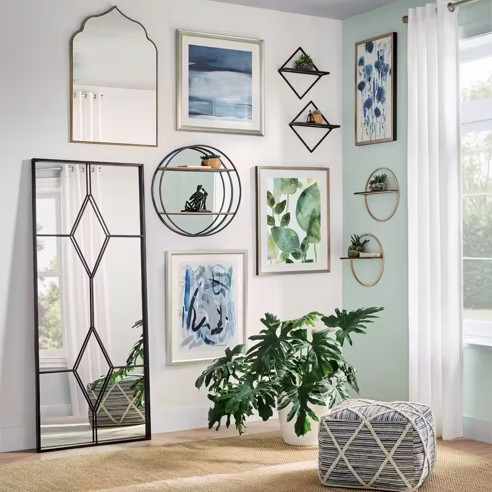 StyleWell 15 in. H x 15 in. W x 4 in. D Wood and Gold Metal Wall-Mount Round Floating Shelf (Set of 2)