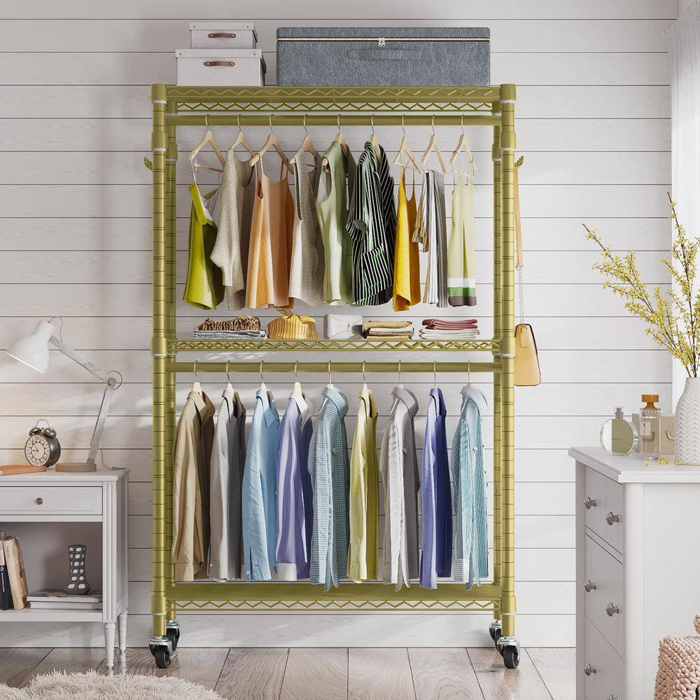None Gold Metal Garment Clothes Rack with Wheels 45 in. W x 80 in. H