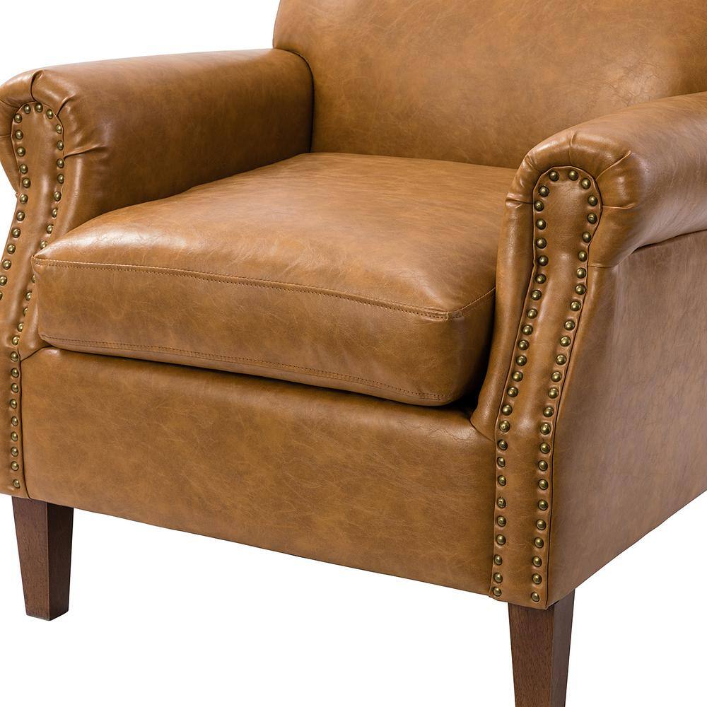 JAYDEN CREATION Gianluigi Camel Vegan Leather Armchair with Rolled Arms and Nailhead Trim