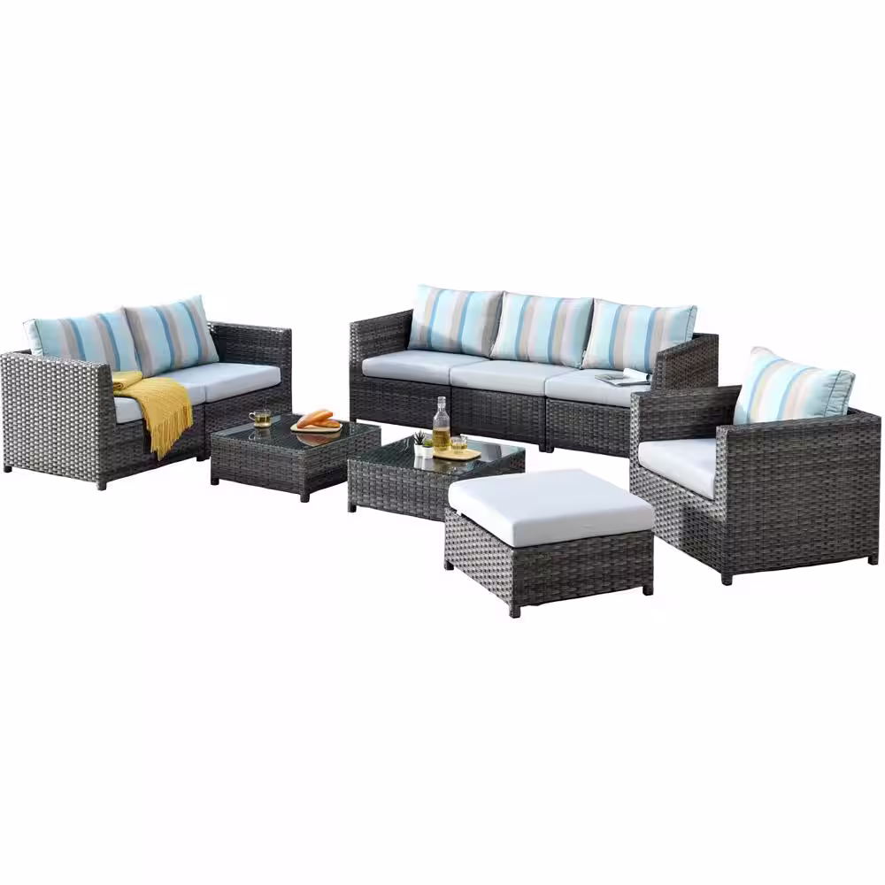 None Tahiti Gray 9-Piece Wicker Outdoor Patio Conversation Seating Set with Gray Stripe Sunbrella Cushions