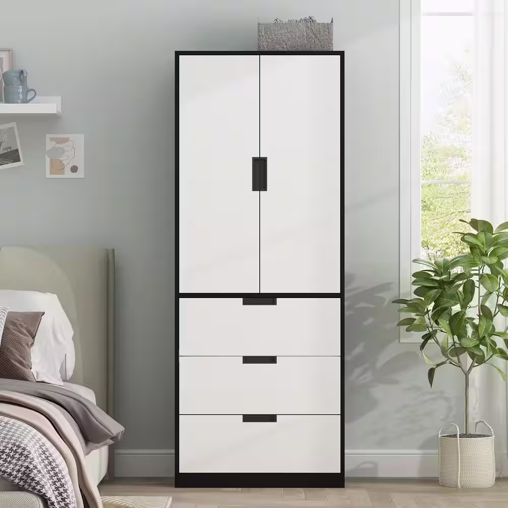 FUFU&GAGA White Wood 27.6 in. W Armoires Wardrobe With Sliding Hanging Rods, 3 Drawers (15.7 in. D x 27.6 in. W x 70.9 in. H)
