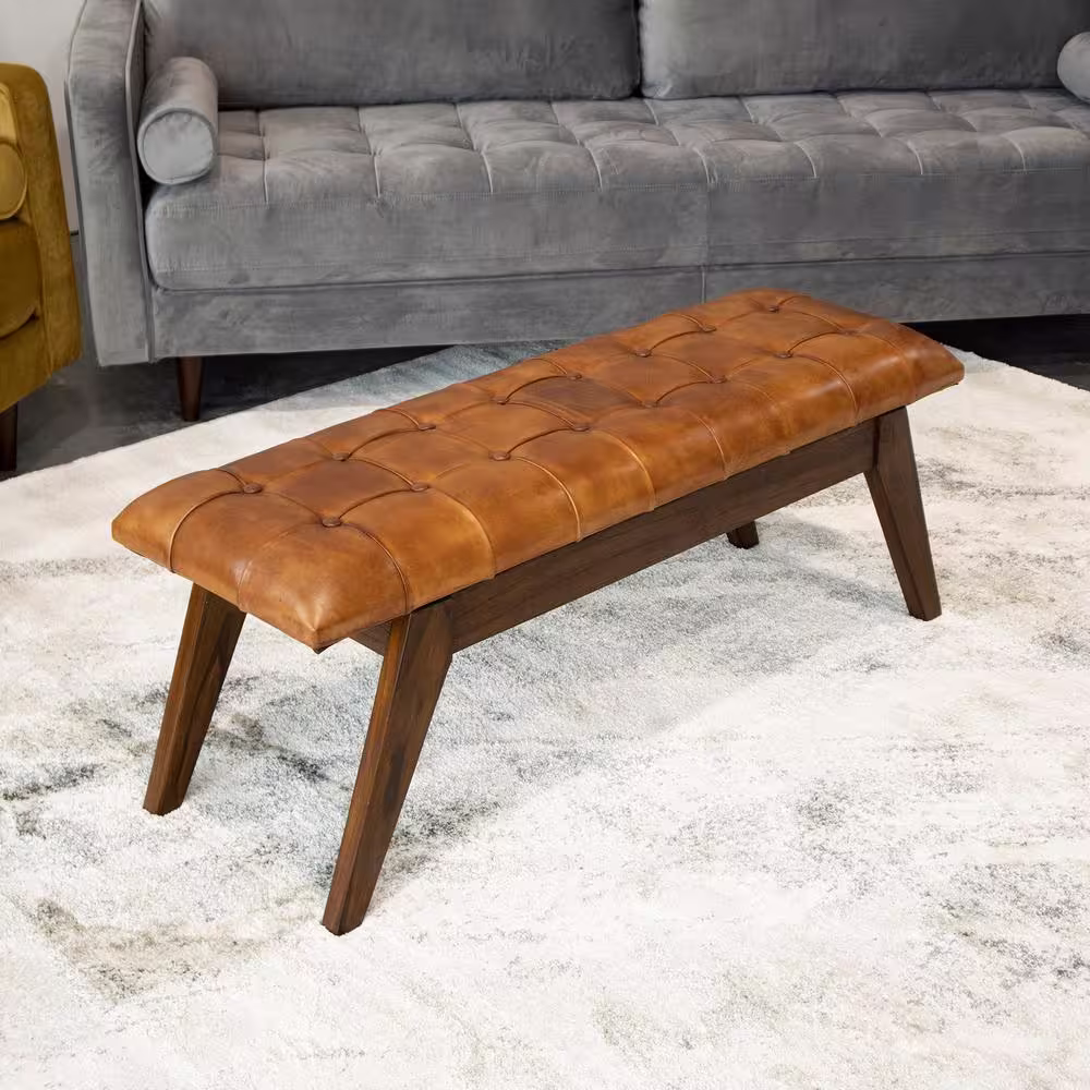 Ashcroft Furniture Co Neva Button Tufted Tan Genuine Leather Upholstered Bench