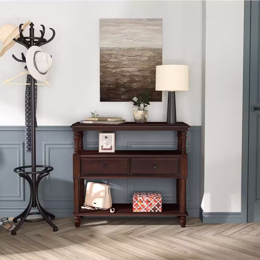 None Lyting 39.4 in. Brown Rectangle Wood Console Table with 2-Drawers