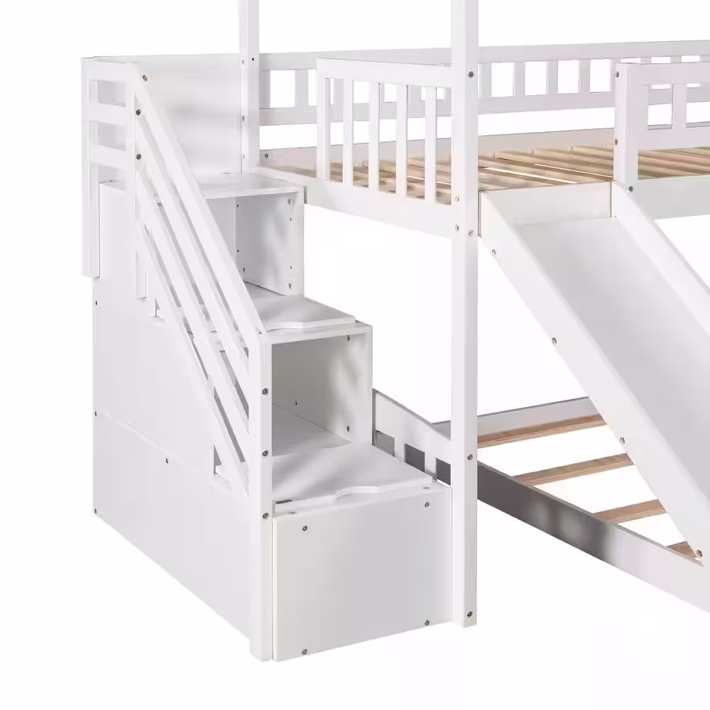 Harper & Bright Designs White Twin Over Twin Wood House Bunk Bed with 2-Drawers, Stairs and Slide
