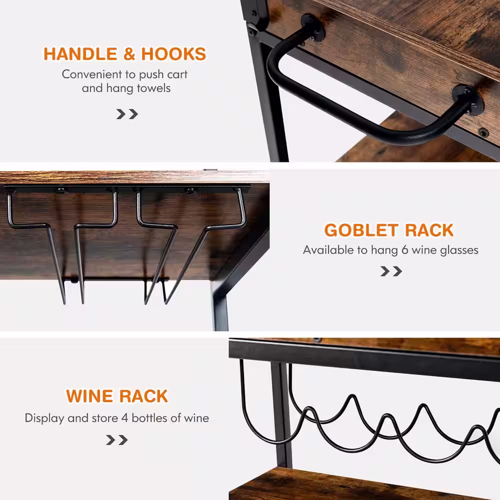 Costway Brown 3-Tier Rolling Kitchen Bar Cart Serving Trolley Wine Rack Removable Tray