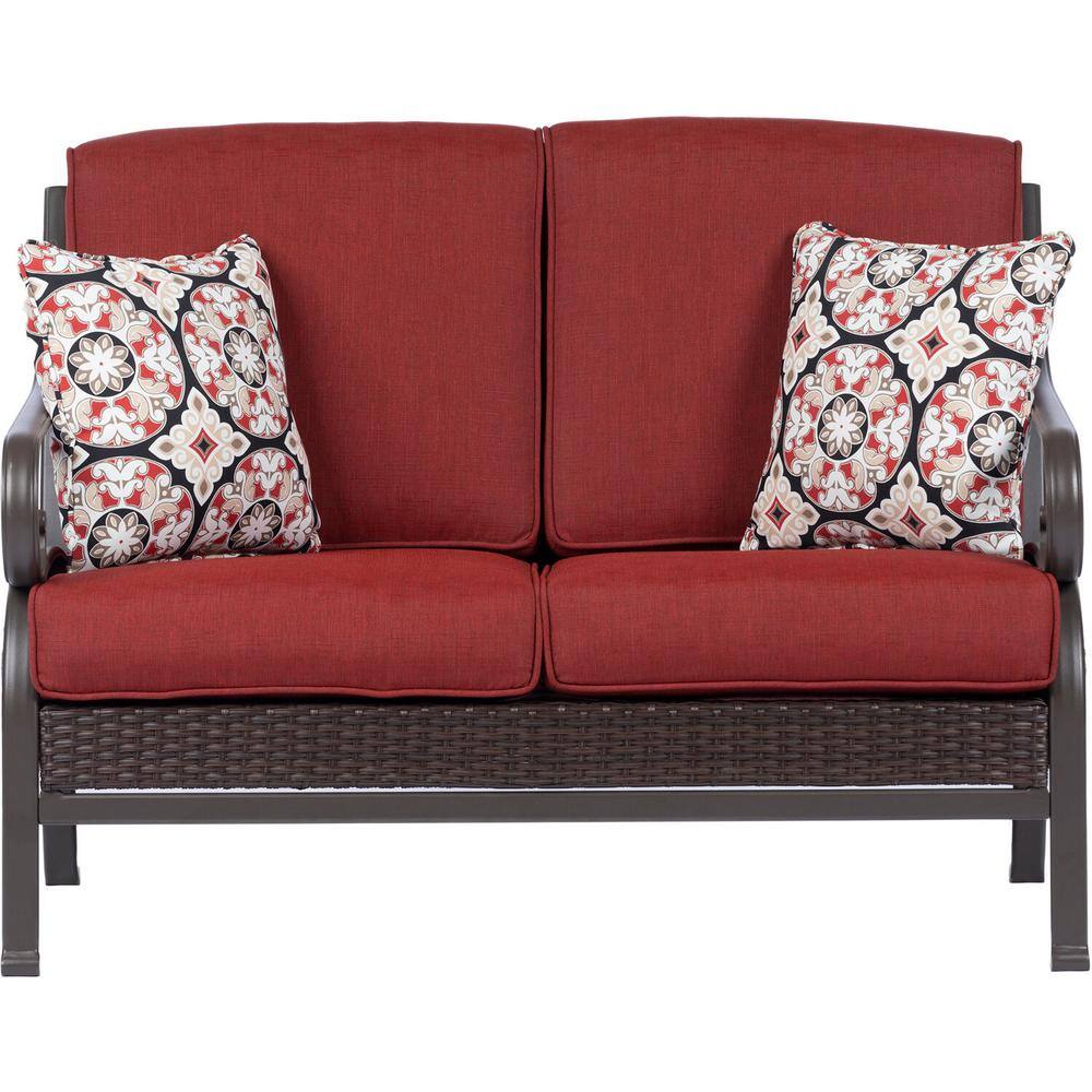 Hanover Madrid 4-Piece Wicker Patio Conversation Set w/ Red Cushions, 2 Swivel Chairs, Loveseat, Coffee Table, All-Weather