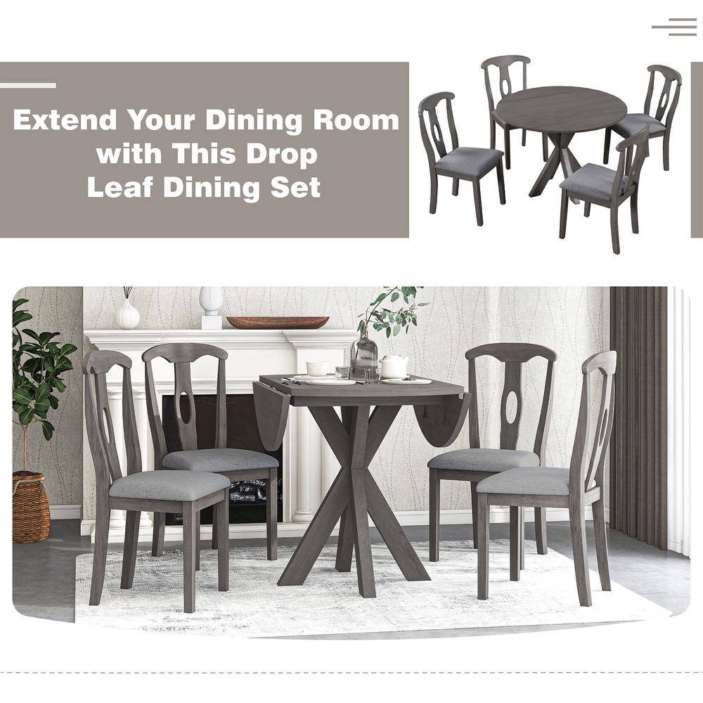 Harper & Bright Designs Rustic Farmhouse 5-Piece Gray Round Drop Leaf Wood Dining Table Set with 4-Padded Dining Chairs