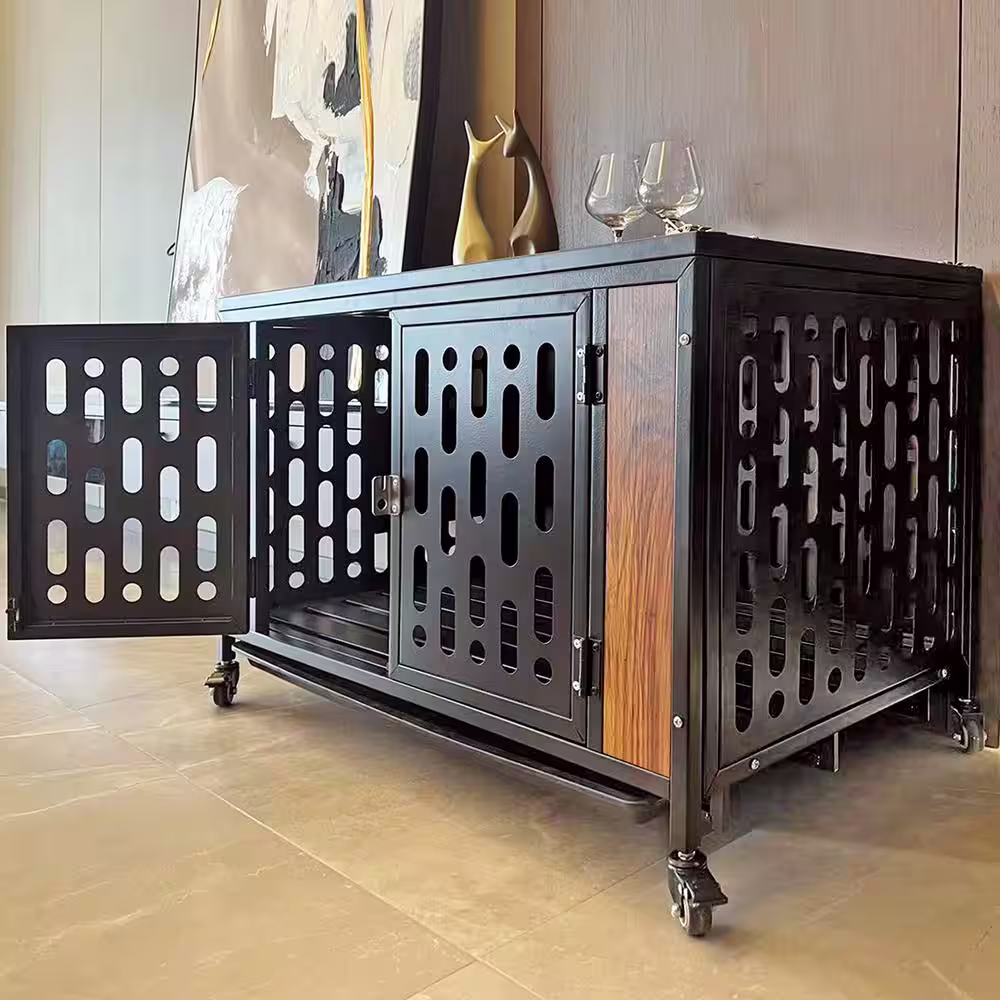 None 34.6 in. W Dog Crate End Table with Cushion and Hooks Furniture Style Mesh Pet Kennels Dog House Indoor Use in Brown