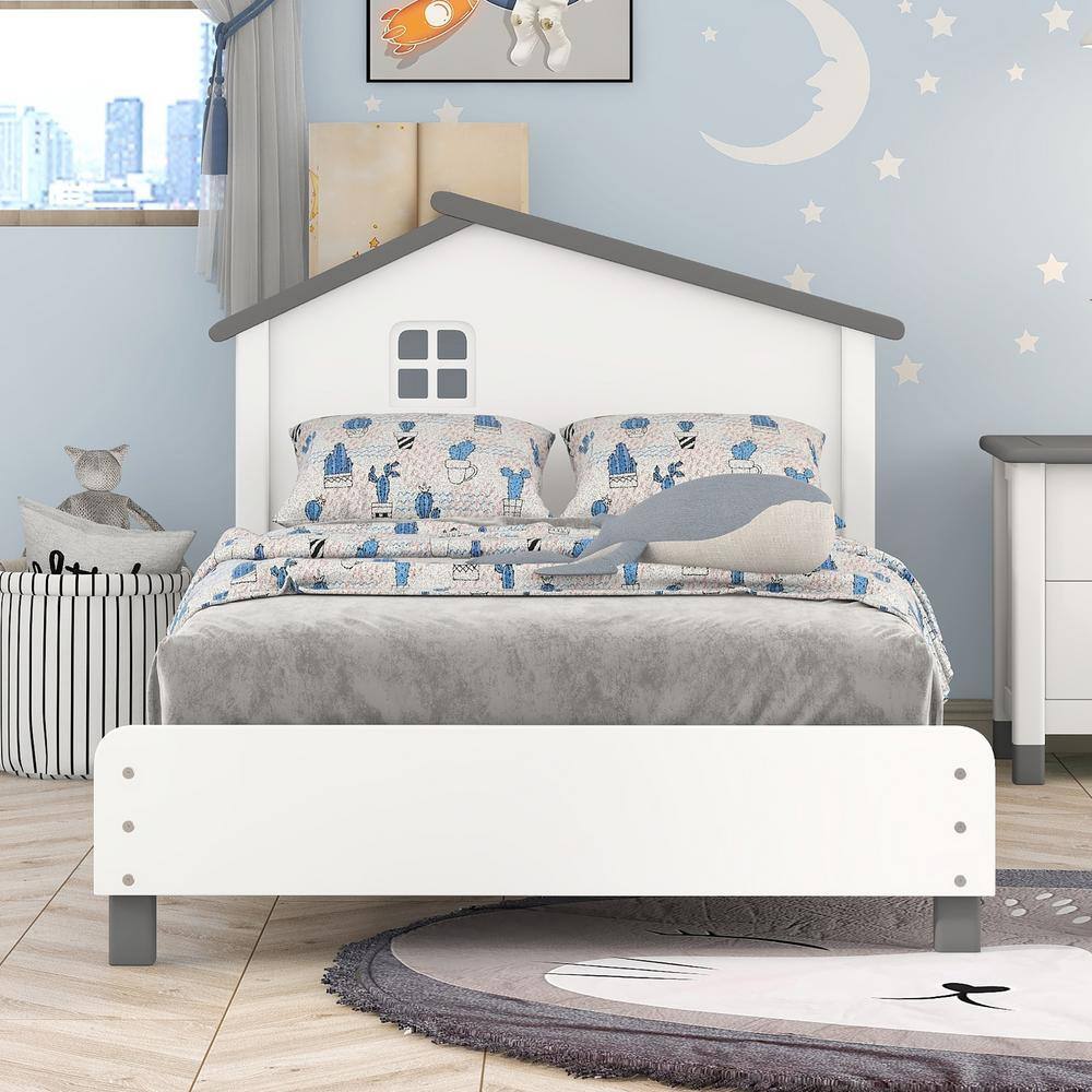 None Twin Size Kids Beds with House Frame Headboard Fun Wood Low Bed Frame No Box Spring Needed-White/Gray