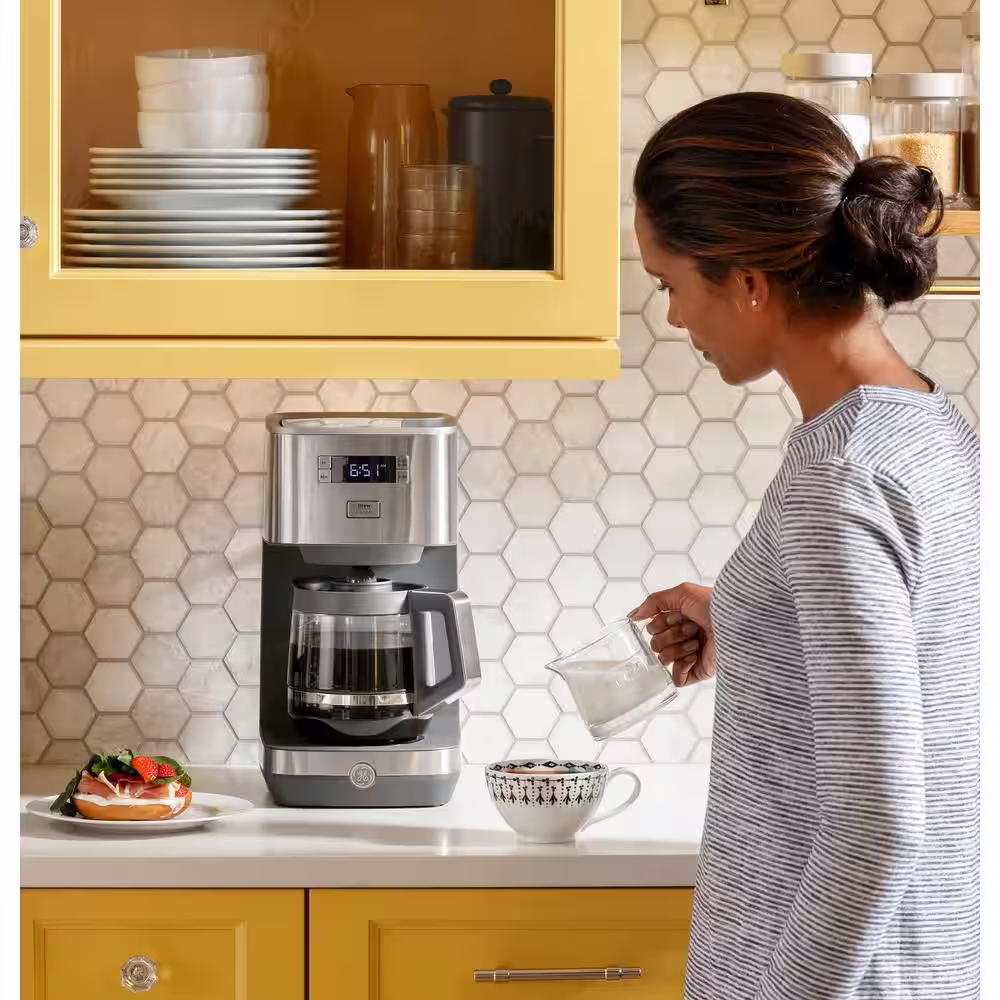 GE Stainless Steel Drip Coffee Maker with 12 Cup Glass Carafe