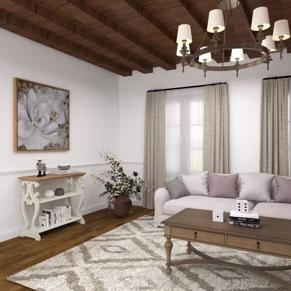 Litton Lane 38 in. White Extra Large Rectangle Wood Scroll Side Frames 2 Shelf Console Table with Brown Wood Top