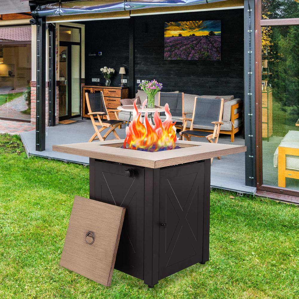 None Bionic Wood Grain Lid Outdoor Fire Pit Table