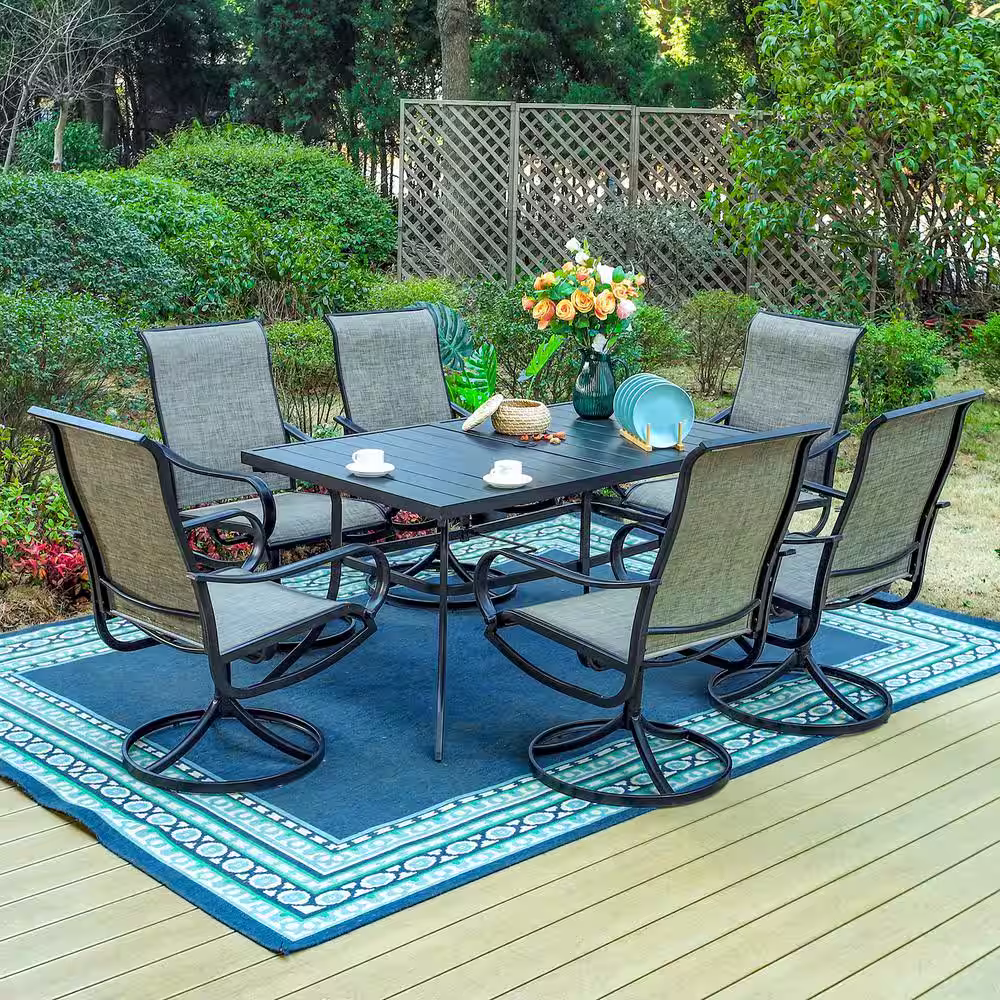 None Black 7-Piece Metal Outdoor Patio Dining Set with Rectangle Table and Textilene Swivel Chairs