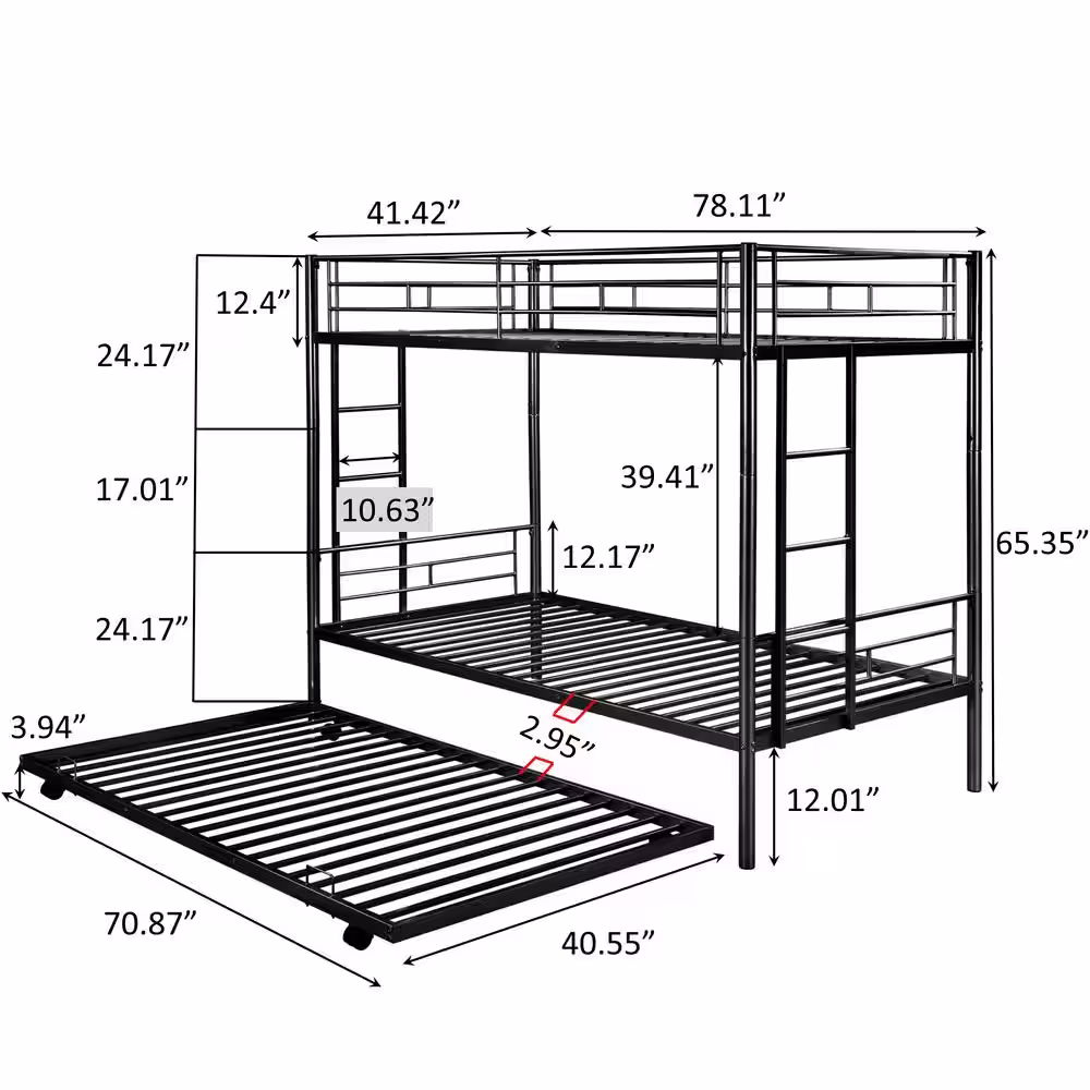 Magic Home Black Twin Over Twin Bunk Bed With Trundle