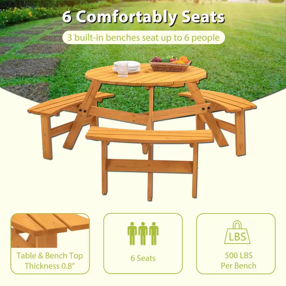 None 6-Person Circular Outdoor Wooden Picnic Table for Patio, Backyard, Garden, DIY w/3 Built-in Benches, 1720 lbs. Capacity