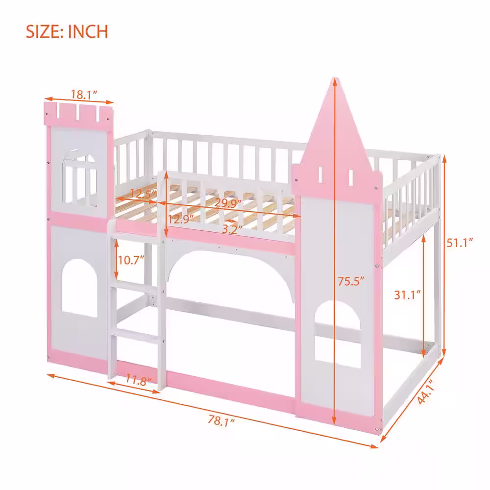 Harper & Bright Designs Pink Twin over Twin Castle Bunk Bed with Ladder