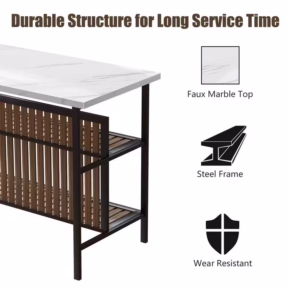 None Greenwood Marble White Kitchen Island Set with Faux Marble Top and 2 Stools