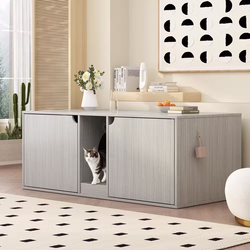 WIAWG Gray Cat Litter Box Enclosure for 2 Cats, Indoor Wood Stackable Cat Washroom Storage Cabinet Bench End Table Furniture