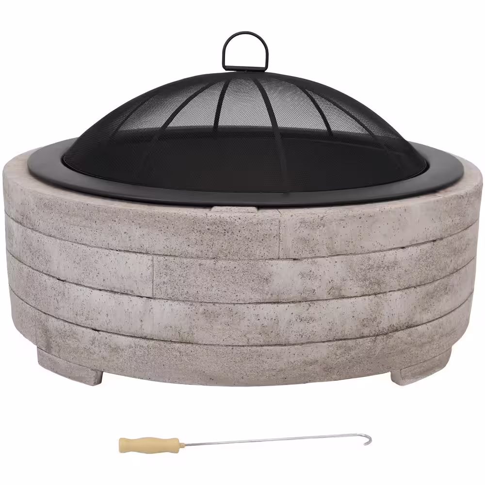 Sunnydaze Decor 32.5 in. W x 21.25 in. H Large Round Faux Fiberglass Wood Burning Fire Pit Bowl with Spark Screen