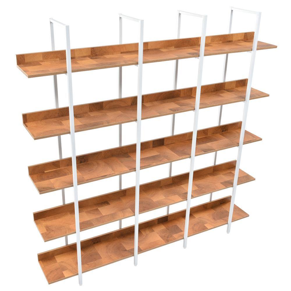 Siavonce 11.81 in. W x 70.90 in. H x 70.90 in. D Brown+White 5 Tier Metal Frame Bookcase Home Office Open MDF Board Bookshelf