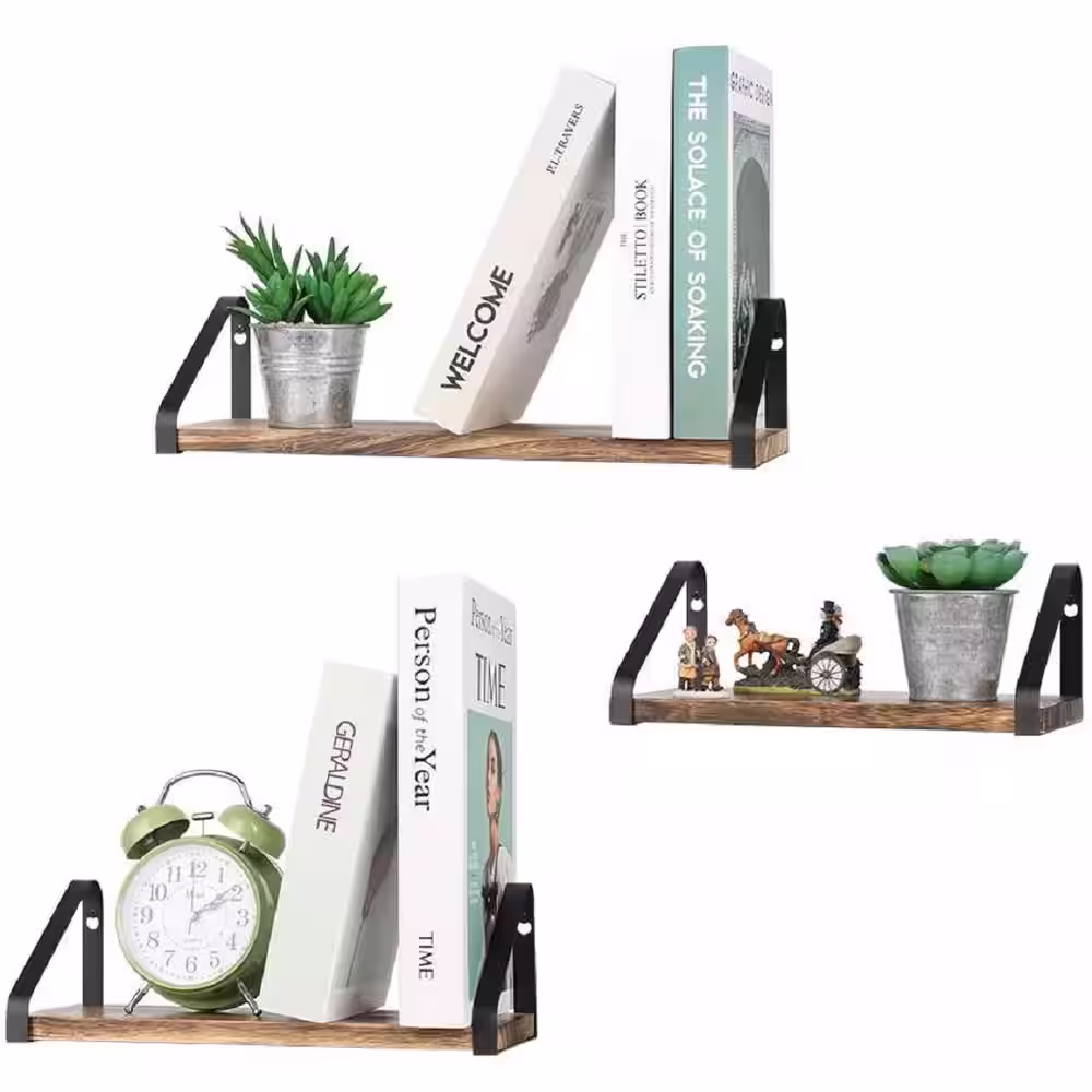 None NEx Wall-Mounted Floating Shelves Rustic Wood Wall Shelves (Set of 3)