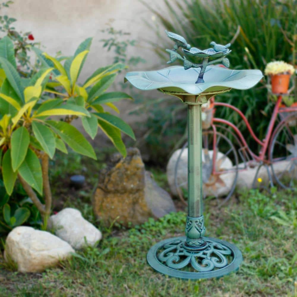 Alpine Corporation 33 in. Tall Outdoor Lotus Birdbath Yard Statue, Green TEC108