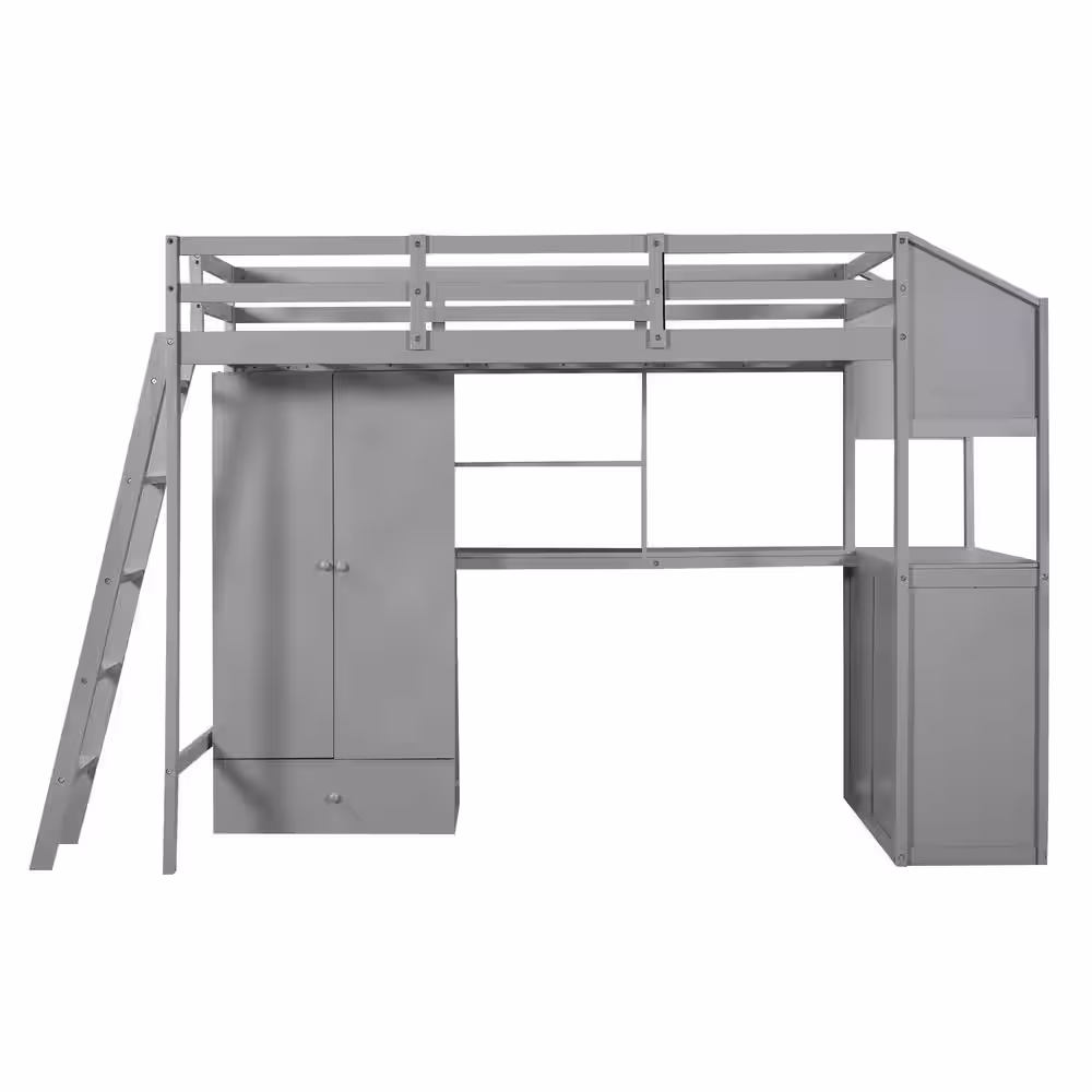 Harper & Bright Designs Gray Twin Loft Bed with Wardrobe, 7-Drawers and Attached Desk with Shelves