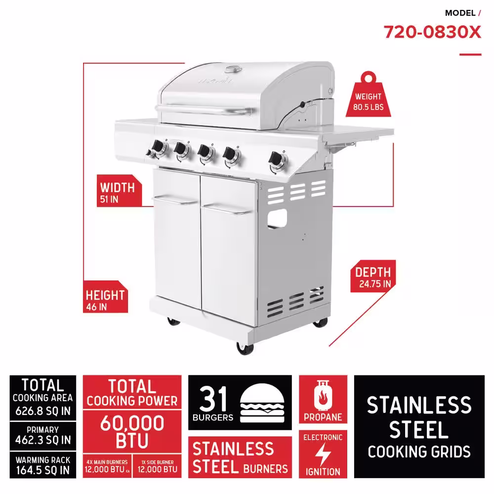 Nexgrill 4-Burner Propane Gas Grill in Stainless Steel with Side Burner