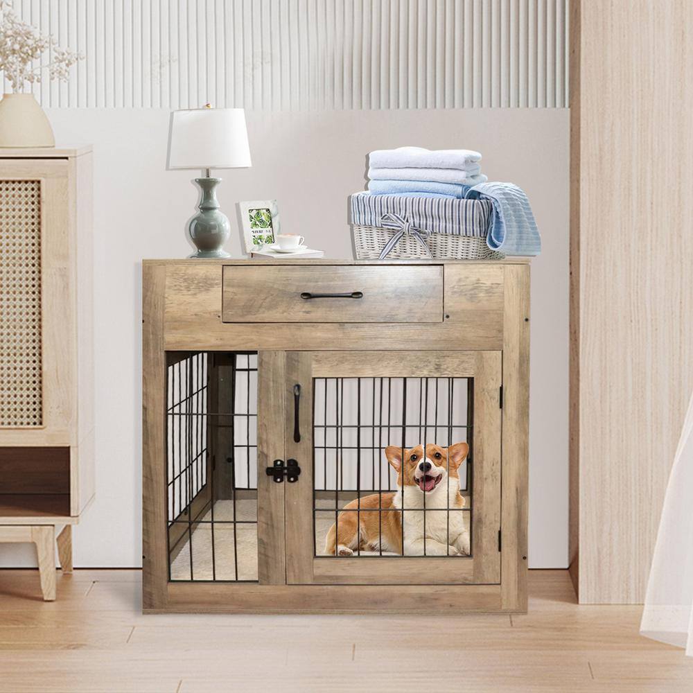 ALEKO Dog Crate Furniture with Drawer and Storage Hooks for Small/Medium Pet 50 lbs. Weathered Gray -Free Rope Toy and Cushion