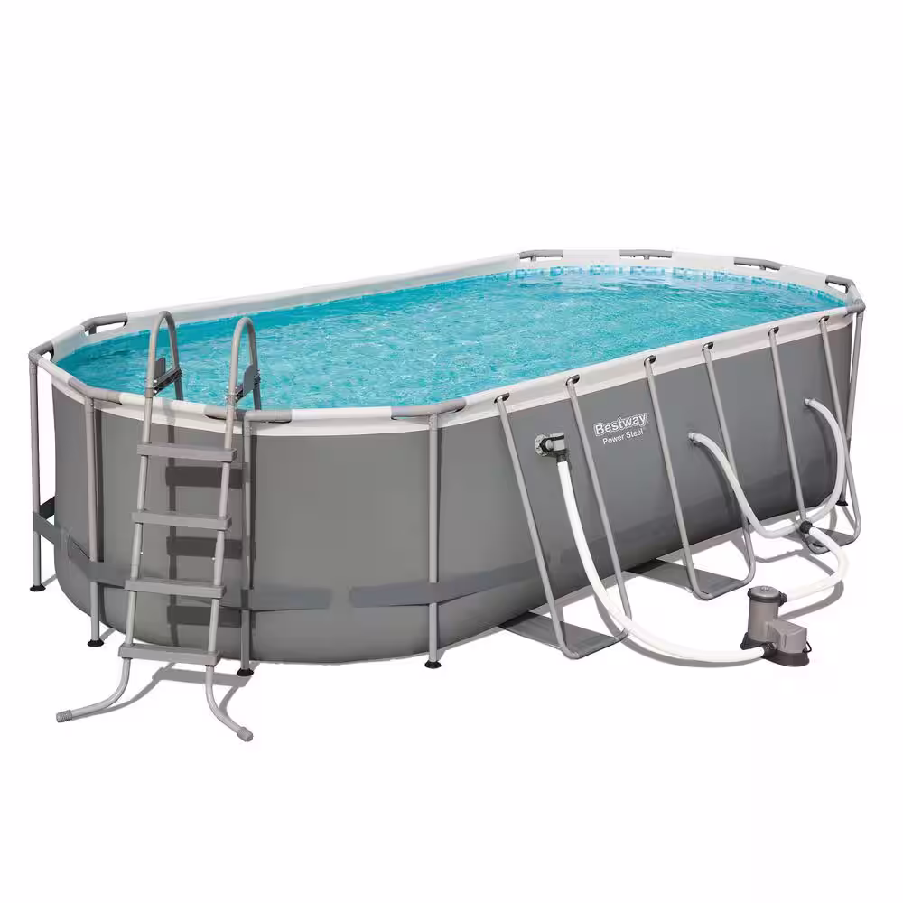 Bestway 18 ft. Power Steel Swimming Pool Set with Surface Skimmer Debris Cleaner