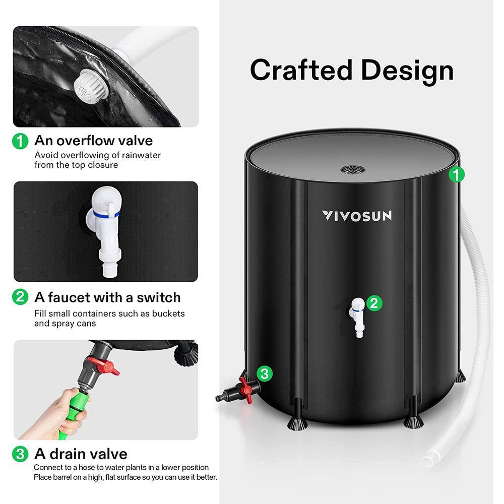 VIVOSUN 53 Gal. Collapsible Rain Barrel with 2 Spigots and Overflow Kit in Black