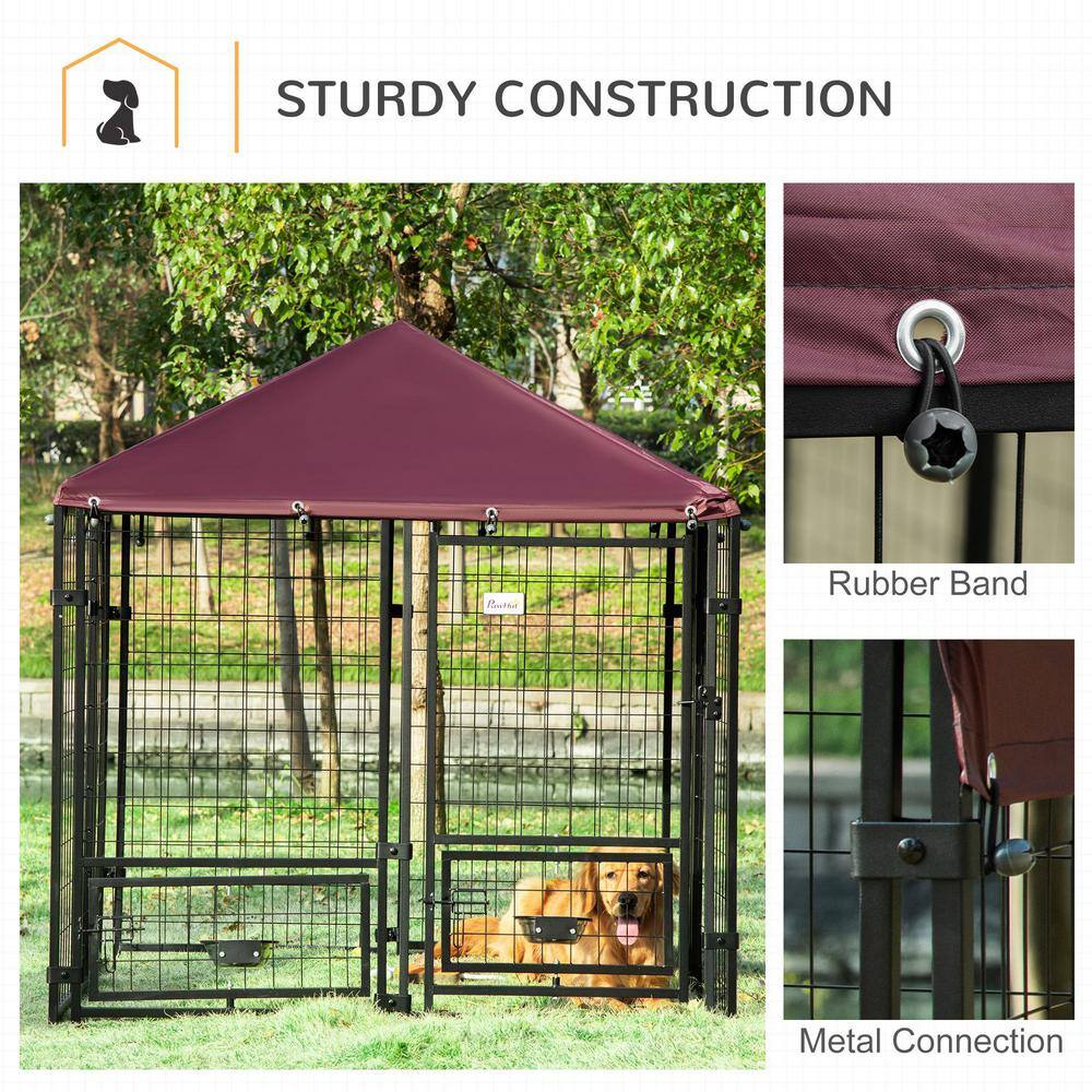 PawHut 0.0005-Acre Black Steel In-Ground Dog Fence Dog Kennel House with Canopy and 2-Bowls