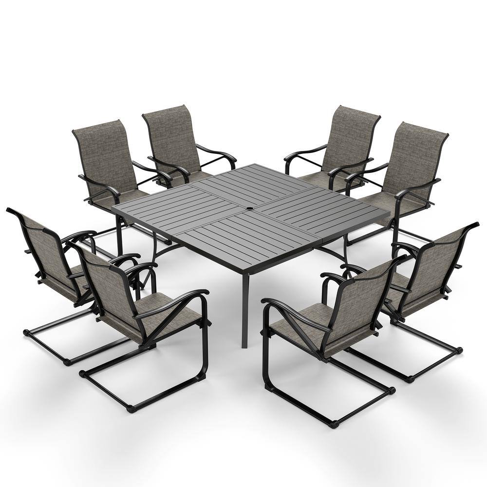 None Black 9-Piece Metal Outdoor Patio Dining Set with Slat Square Table and C-Spring Textilene Chairs