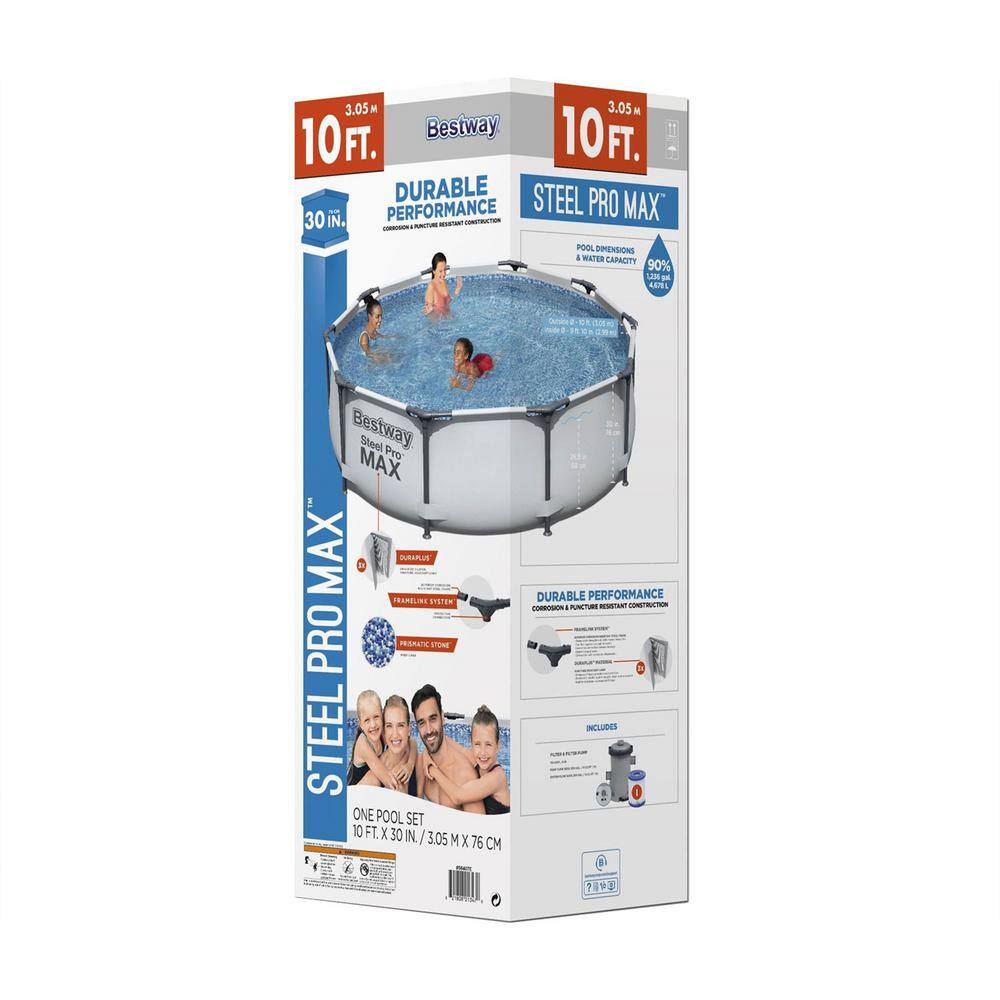 Bestway 56407E 10 ft. Round 30 in. High Metal Frame Pool Steel Pro MAX Family Swimming Pool Set