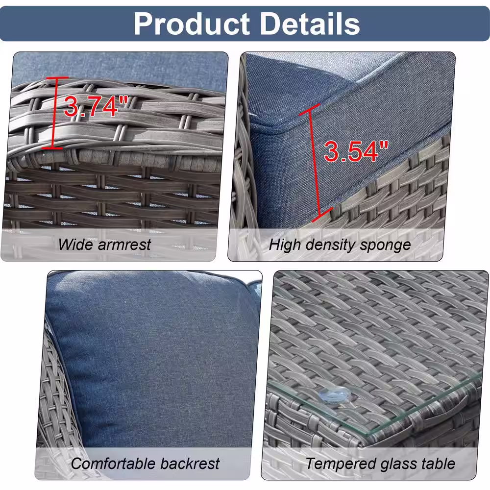 XIZZI Moonlight Gray 7-Piece Wicker Patio Conversation Seating Sofa Set with Denim Blue Cushions and Swivel Rocking Chairs