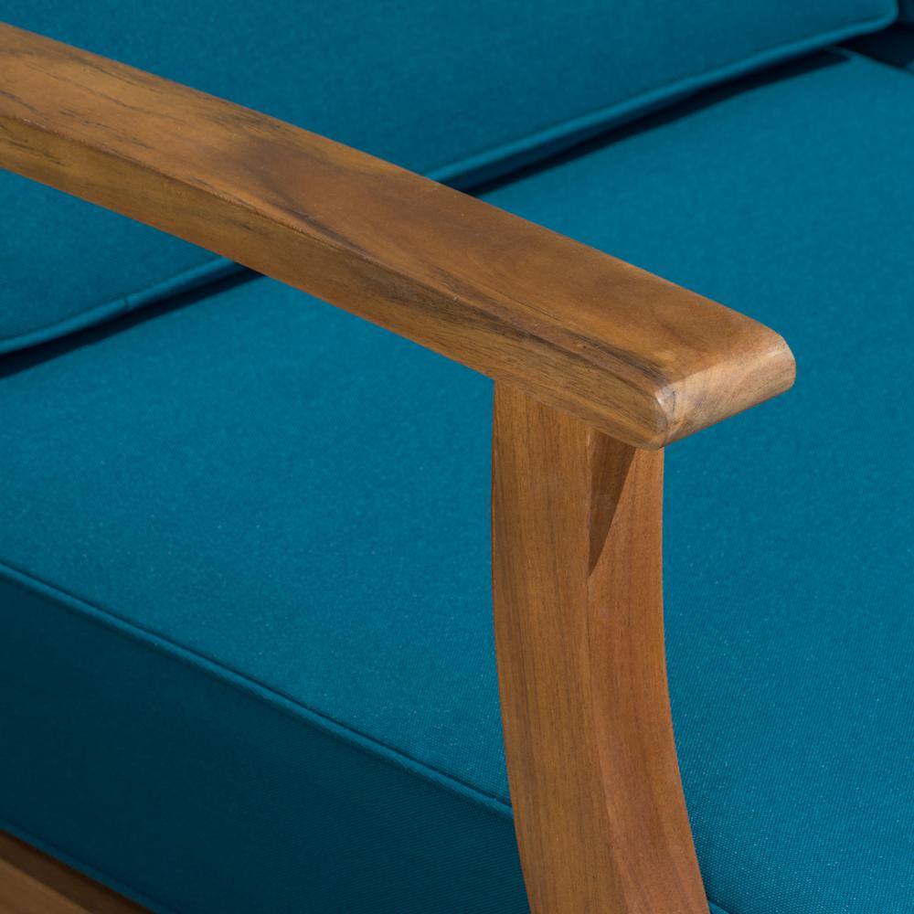 Noble House Perla Teak Brown 3-Piece Wood Patio Conversation Seating Set with Blue Cushions