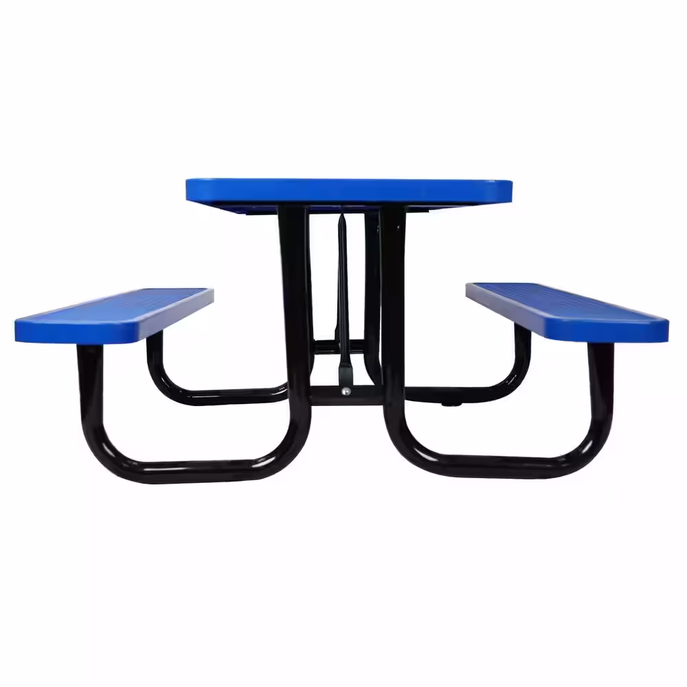 None 6 ft. Blue Rectangular Outdoor Carbon Steel Picnic Table with Umbrella Pole