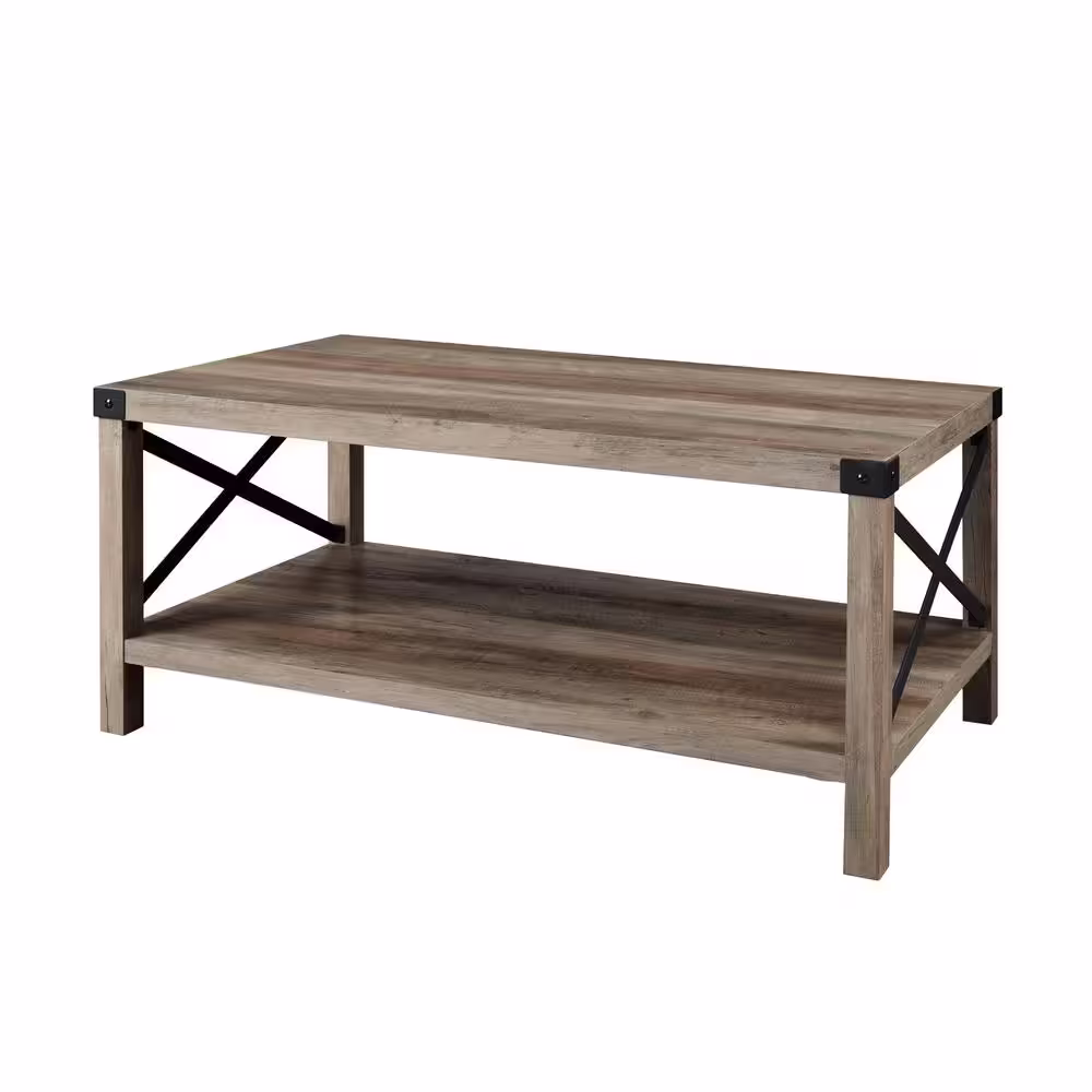 Walker Edison Furniture Company Urban Industrial 40 in. Grey Wash Medium Rectangle MDF Coffee Table with Shelf