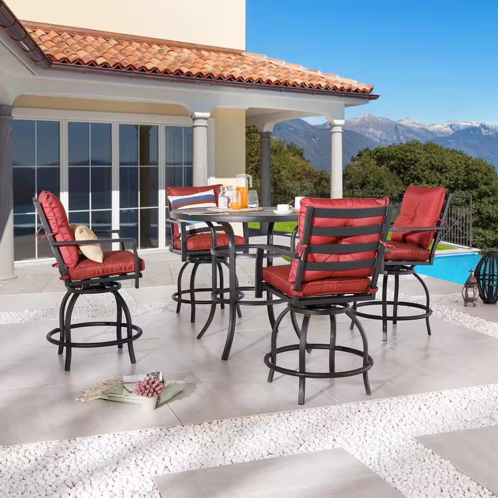 Patio Festival 5-Piece Metal Bar Height Outdoor Dining Set with Red Cushions