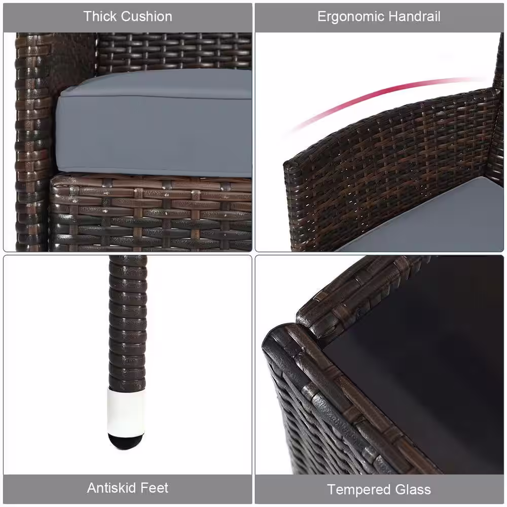 None 4-Piece Metal Wicker Patio Conversation Set with Gray Cushions