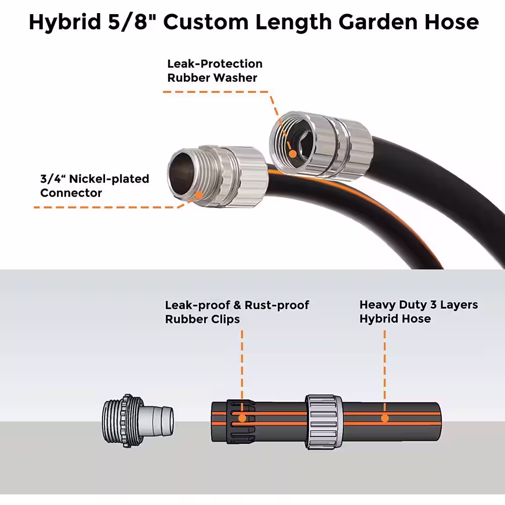 None 5/8 in. x 5 ft. Rubber Water Hose with Custom Length, Heavy-Duty, No Kink, Flexible Garden Hose