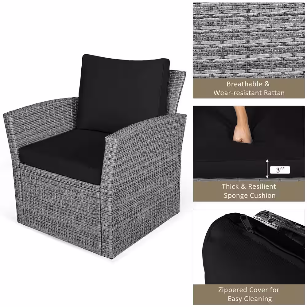 Costway 4-Piece Wicker Patio Conversation Set with Black Cushions