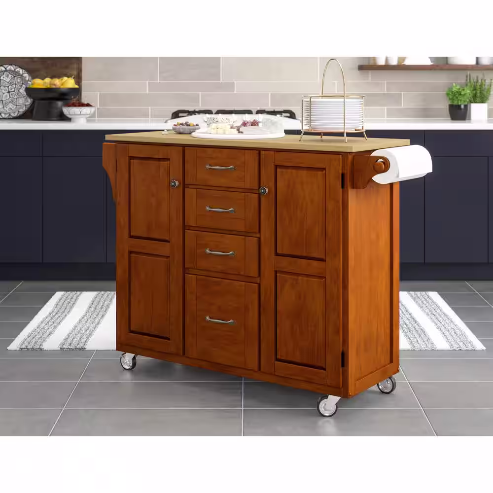 HOMESTYLES Create-a-Cart Cherry Kitchen Cart With Natural Wood Top